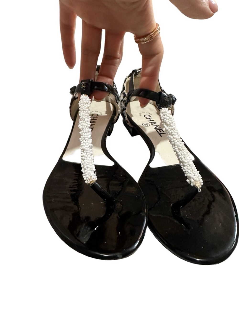 Chanel Beaded T-Strap Sandals Size 39.5C Black White Tweed Patent - Picture 5 of 12